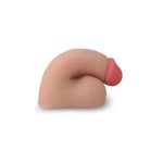 Beżowa atrapa penisa z wyraźną, zaróżowioną główką i jądrami.